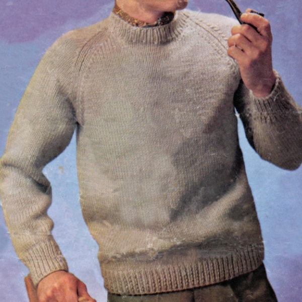 Men's Crew Neck Sweater long sleeve Chunky winter Knit knitting pattern PDF 38-44", Instant download, Man's 1960's Vintage pattern PDF