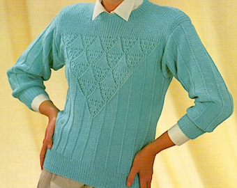 Ladies crew neck sweater with long sleeves, six sizes PDF 28-38", 1980's 4 Ply Knitting pattern, Instant download, Vintage pattern PDF