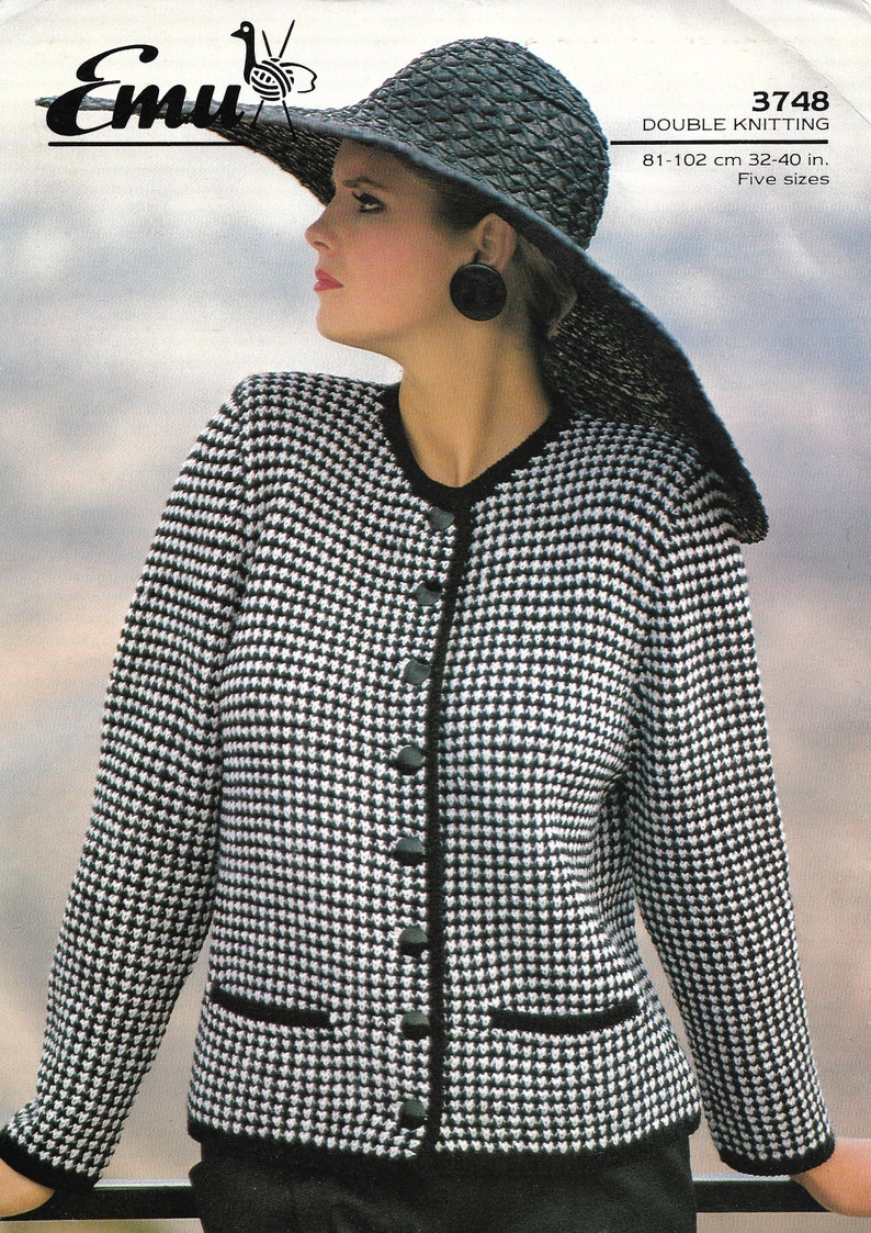 Vintage pattern PDF 1980/'s Cardigan knit pattern Instant download Women/'s button up dog tooth pattern jacket knitting pattern PDF 32-40