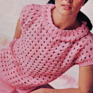 Women’s vintage knitting pattern short sleeve sweater top jumper round neck lacy top pattern 34-38 inch chest Instant download digital PDF