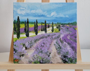 Lavender field oil painting, lavender painting on canvas, lavender landscape, floral oil painting, provence lavender artwork, blue sky art