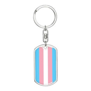 Transgender Pride Flag Dog Tag Keychain, Gold or Silver, Gift for Friend, Pink and Blue Pride, Engraving Option