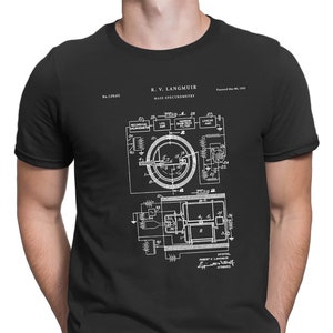 May include: Black t-shirt with a white print of a patent for a mass spectrometer, titled "R. V. LANGMUIR MASS SPECTROMETRY" and dated "February 26, 1924".