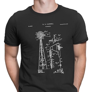 May include: Black t-shirt with a white print of a vintage patent drawing for a windmill. The patent drawing is titled "B.E. Cassell Windmill" and includes the patent number "No. 811,811".