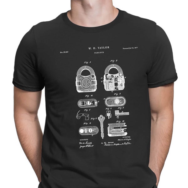 Padlock Patent T-Shirt 1877 - Old Patent T-shirt, Bizarre Art, Vintage Tools, Vintage Padlock, Antique Lock, Padlock T-shirt, PT555