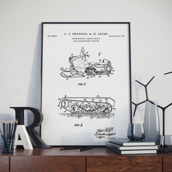 Snowmobile Patent 1969, Patent Print, Wall Decor, Ski Lodge Decor, Mountain Home Decor, Winter Art, Snow Mobile, Winterdekor, PH565 #m