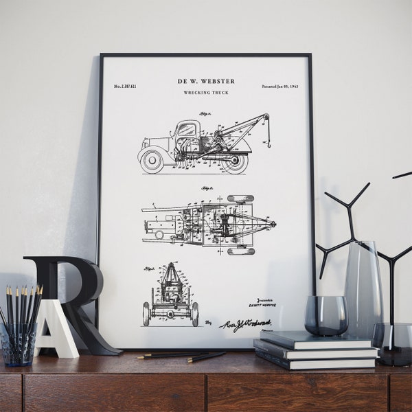Wrecking Truck Patent Print, Tow Truck Patent, Man Cave Wall Art, Workshop Blueprint Poster, Driver Gift, Vintage Trucking Poster, PH522 #m