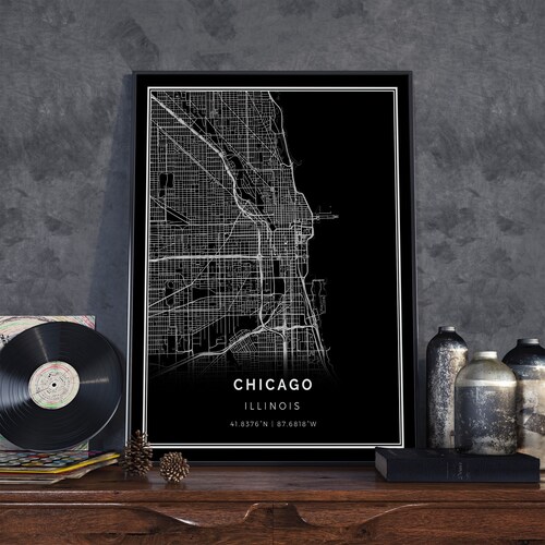 Chicago Black Map Black White Map Art City Map Poster Etsy Australia