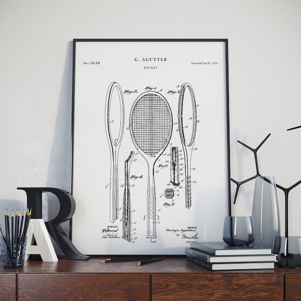Dessin de brevet de raquette vintage de 1921, affiche imprimée d'art rétro, affiche, art mural, décoration d'intérieur, tennis, idée cadeau, impression tennis, PH309 #m