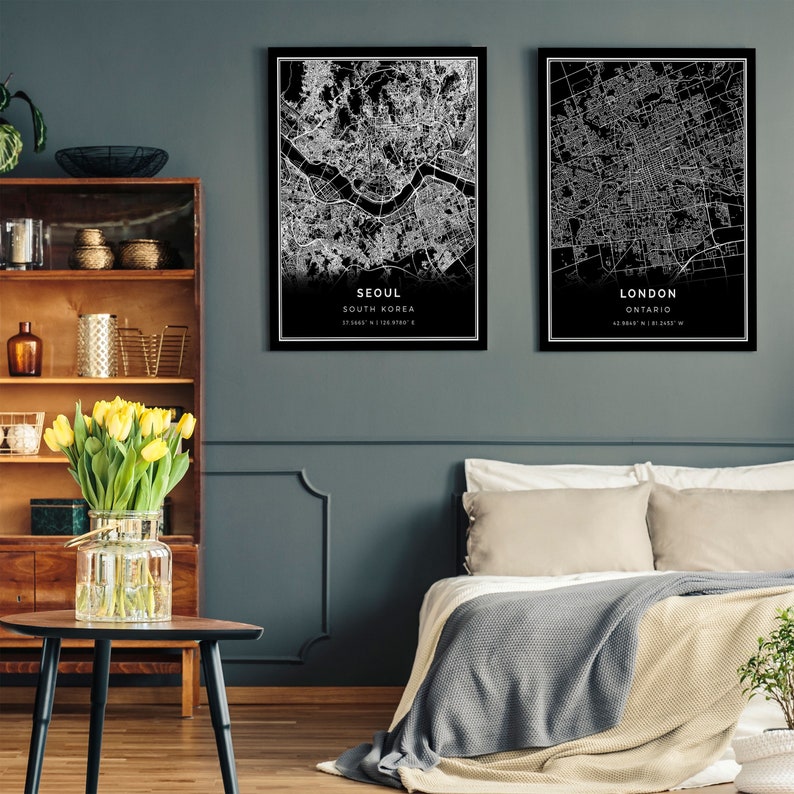 Seoul Black Map Black White Map Art City Map Poster Etsy