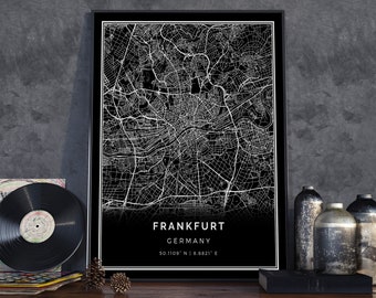 Frankfurt black map | Black white map art | City map poster | Germany city map print | Wall Art Large | BM556