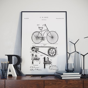 Vintage 1890 Bicycle Patent Drawing, Retro Art Print Poster, Poster, Wall Art, Home Decor, Old Fashion Bike, Cycling, Gift Idea, PH204 #m