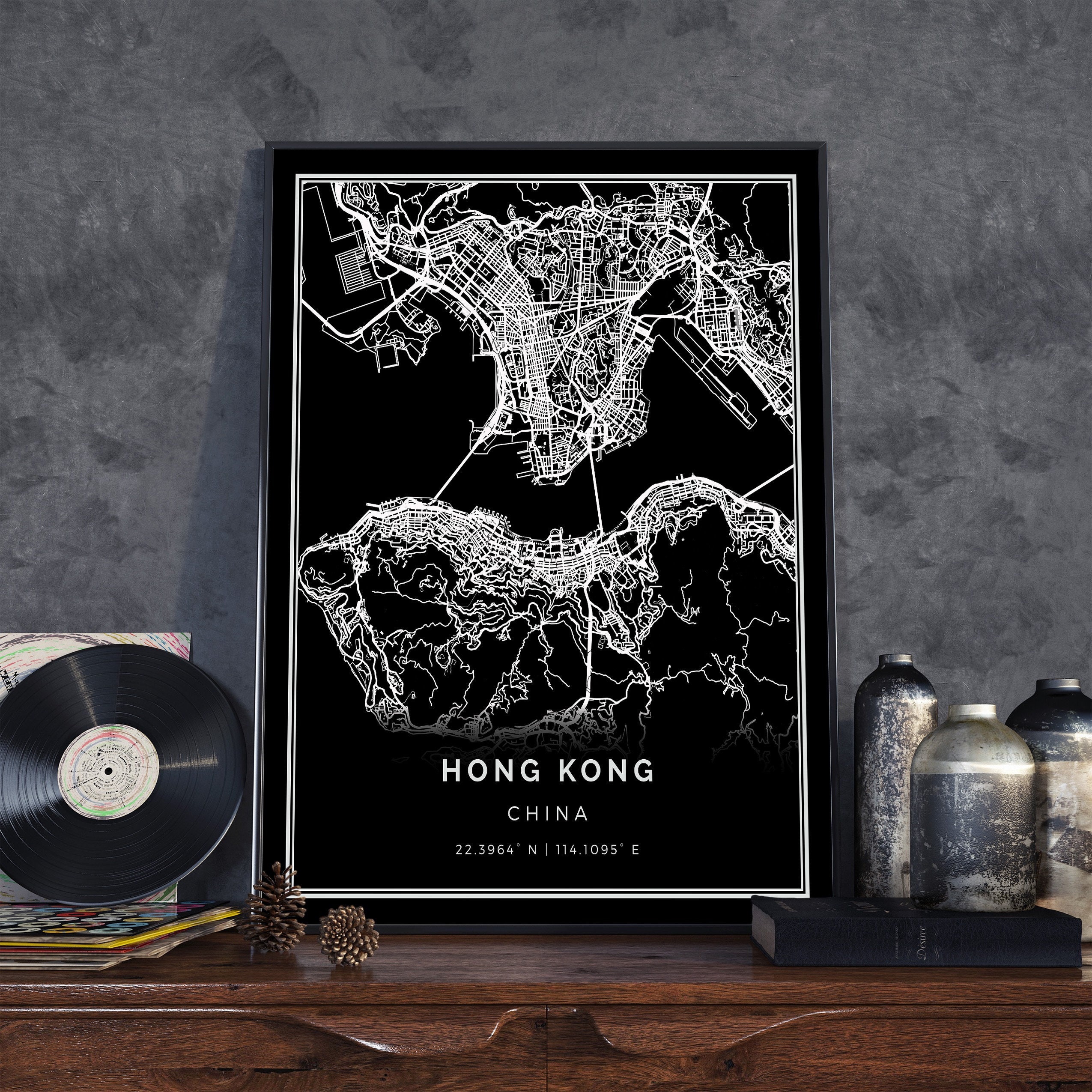 Prints Giclée Hong Kong black map BM670 Wall Art For Living China city