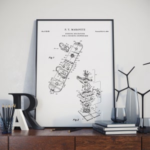 Snowboard Patent Print, Snow Board Binding Mechanism Blueprint Art, Poster Skier Gifts, Skiing Poster, Winter Sports Wall Decor, PH682 #m