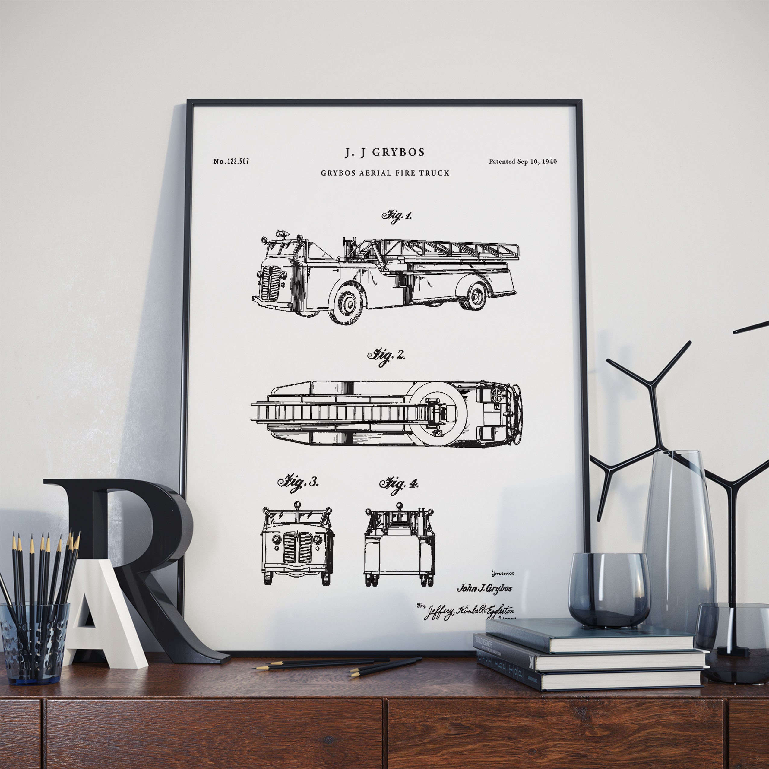 Discover Aerial Fire Truck Patent Print- 1940, Poster Wall art Illustration Print Art Home Decor Gift Vintage Patent, firefighter gift, PH246 #m