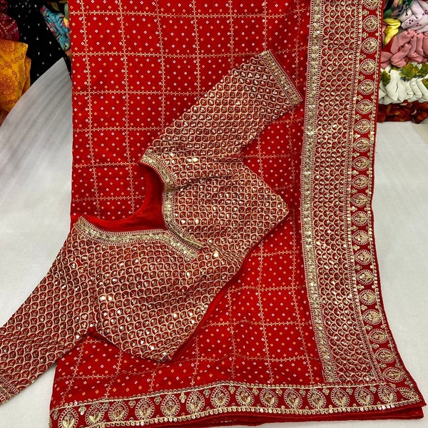 Sthich blouse red color saree wedding saree georgett saree siqunce work saree velentine saree