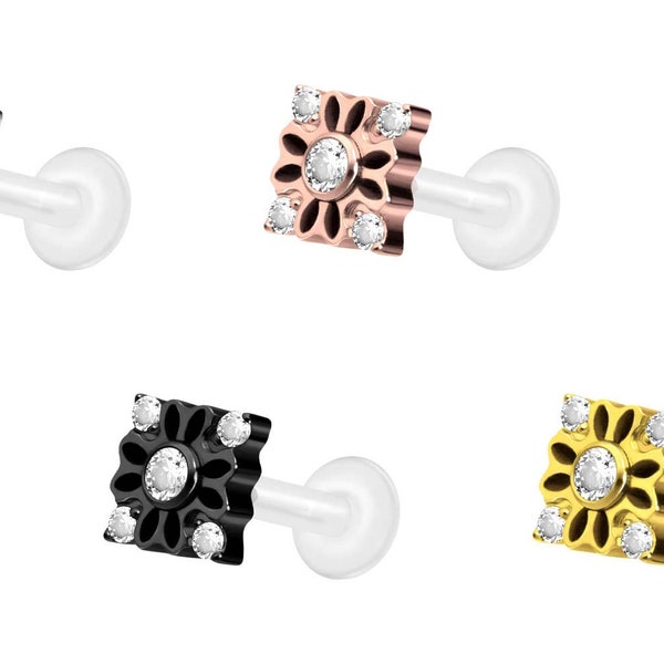 piercinginspiration® PTFE titanium flower internal thread labret 5 crystals square barbell piercing