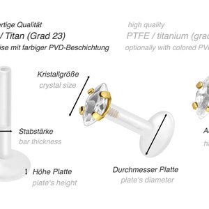 piercinginspiration® Titanium PTFE Crystal Labret Oval Drop Piercing Barbell image 2