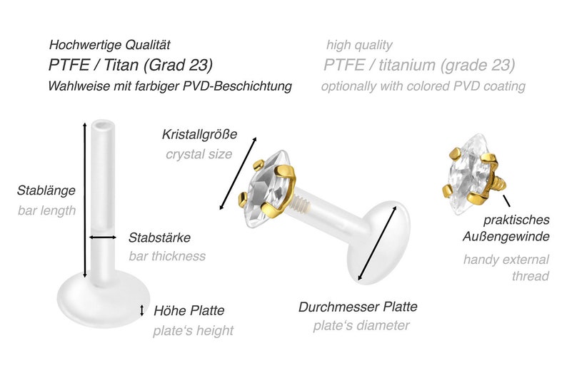 piercinginspiration® Titanium PTFE Crystal Labret Oval Drop Piercing Barbell image 2