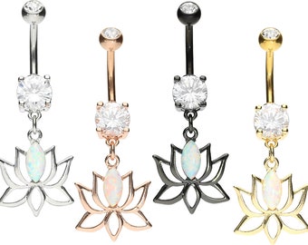 piercinginspiration® Lotus Flower Opal Heart Crystal Belly Button Piercing Barbell