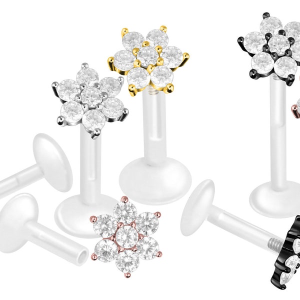piercinginspiration® PTFE titanium flower crystals internal thread labret crystal flower barbell piercing