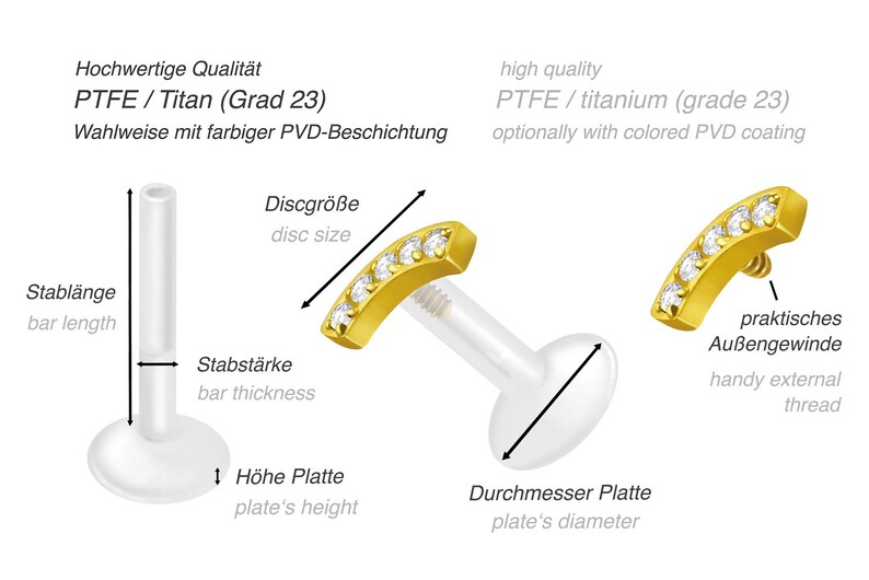 piercinginspiration® PTFE titanium internal thread labret 5 crystals bow barbell piercing image 2