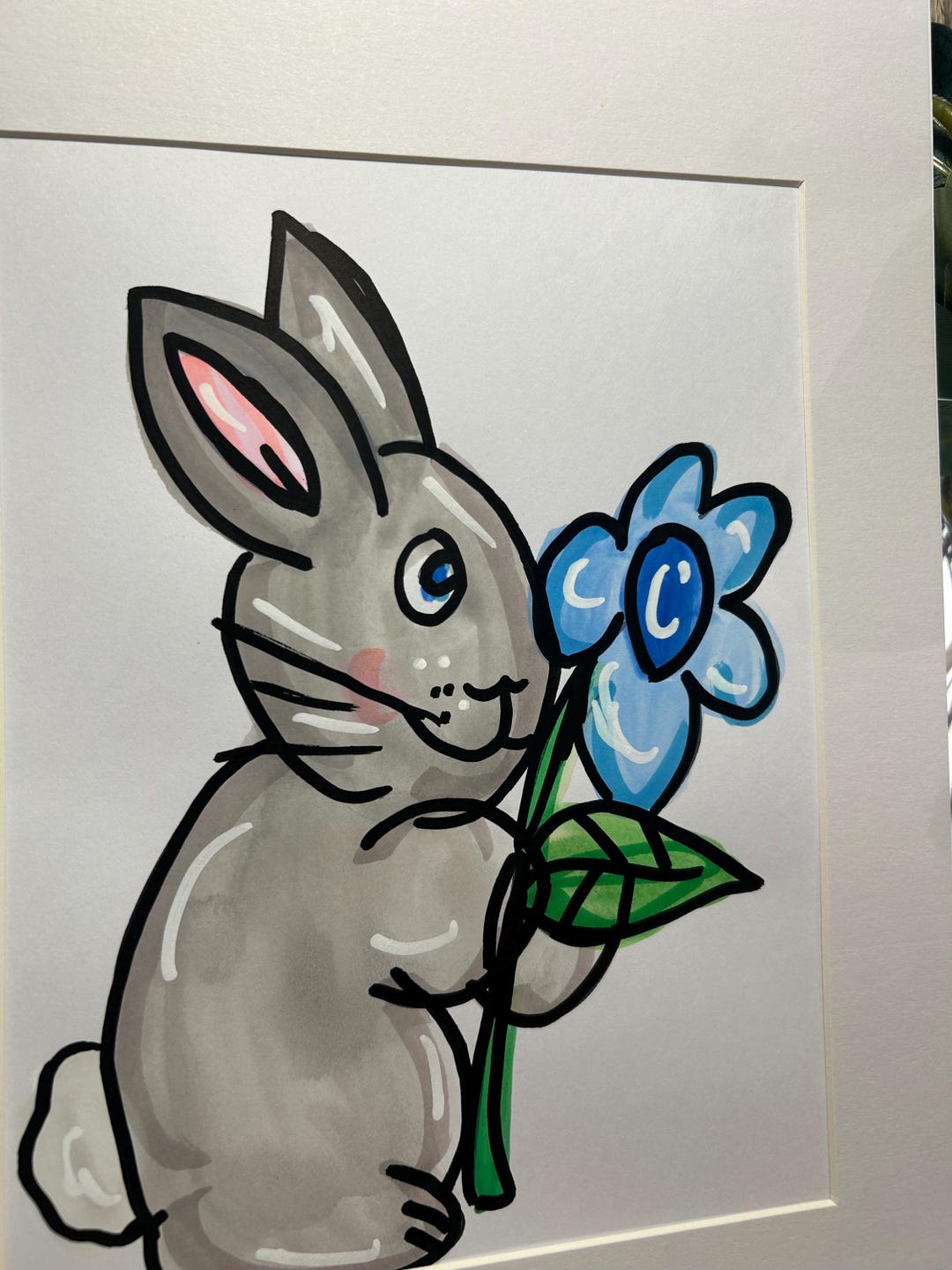 Smokey Bunny Rabbit Original Ink and Watercolour Illustration Mounted ...