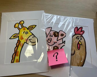 One Mystery Animal? original ink and watercolour illustration mounted A4 by Emy Spinks