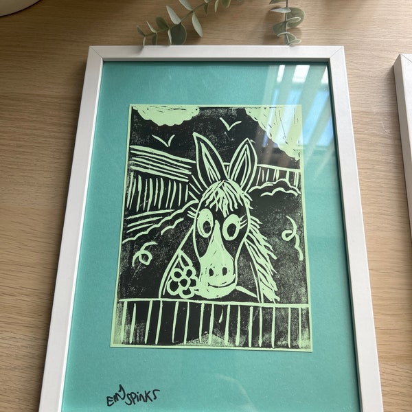 Pretty Pony original lino cut prints framed A4 by Emy Spinks