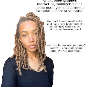 May include: A woman with brown hair and a black shirt. Text in the image reads: "Hallo! I am Tia! I am the owner, photographer, marketing manager, social media manager, and cosmetic formulator here at schontia!" Additional text promotes skin and body care.