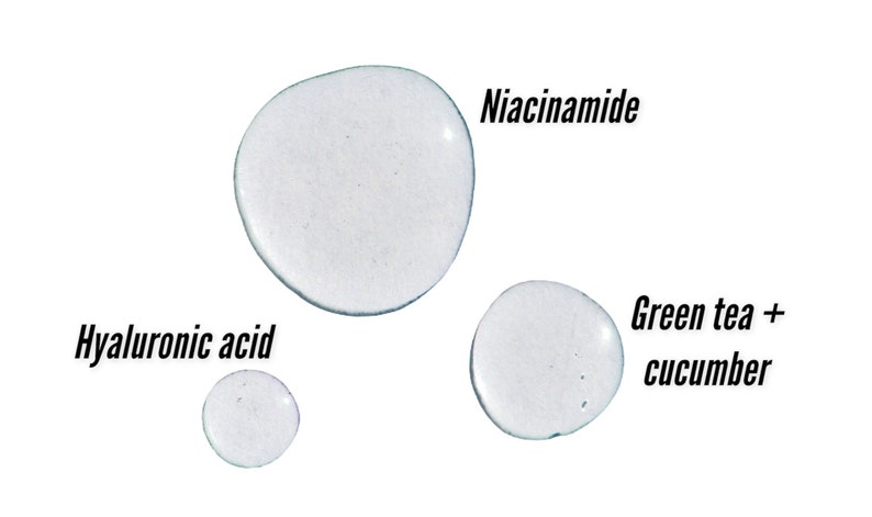 May include: Clear liquid droplets labeled "Hyaluronic acid", "Niacinamide", and "Green tea + cucumber" against a white background. The droplets vary in size and shape, suggesting different viscosities.