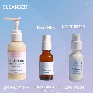 May include: Three skincare products: a cleanser, essence, and moisturizer. The cleanser is in a white pump bottle, the essence in a brown glass bottle, and the moisturizer in a white bottle. Each product has a label with the text "Mushroom". The cleanser is for normal/dry skin.