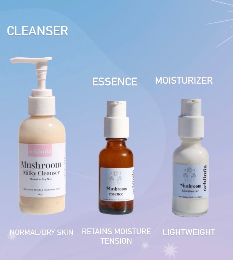 May include: Three skincare products: a cleanser, essence, and moisturizer. The cleanser is in a white pump bottle, the essence in a brown glass bottle, and the moisturizer in a white bottle. Each product has a label with the text "Mushroom". The cleanser is for normal/dry skin.