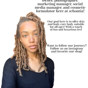 May include: A woman with brown hair and a black shirt. Text in the image reads: "Hallo! I am Tia! I am the owner, photographer, marketing manager, social media manager, and cosmetic formulator here at schontia!" and more.