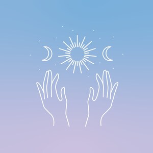 May include: White line art illustration on a gradient blue and purple background. The image features two hands reaching up towards a sun, two crescent moons, and several stars. The design has a celestial or spiritual theme.