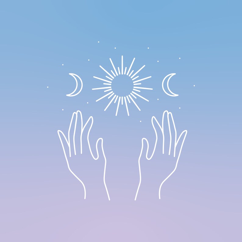 May include: White line art illustration on a gradient blue and purple background. The image features two hands reaching up towards a sun, two crescent moons, and several stars. The design has a celestial or spiritual theme.
