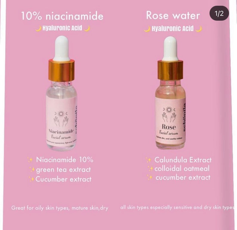 May include: Two small glass serum bottles with white droppers and gold collars are displayed against a pink background. One is labeled "10% niacinamide" and the other "Rose water." Both include "Hyaluronic Acid." The labels list ingredients and the brand name.