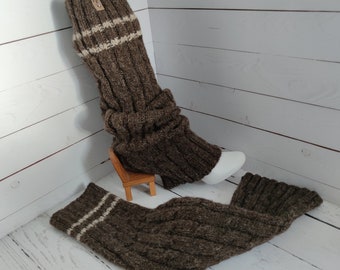 Calentadores de piernas tejidos a mano -marrón y dos rayas grises, tamaño natural sin teñir: M