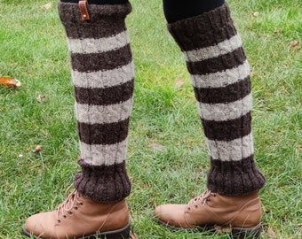 Handknitted Leg Warmers - Brown/White stripes, Natural Undyed. Size: M
