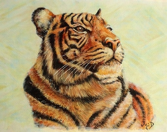Originele Tiger Schilderij. Gemengde media op papier. Wildlife Kunst. Aquarel, Acryl en Pastel.
