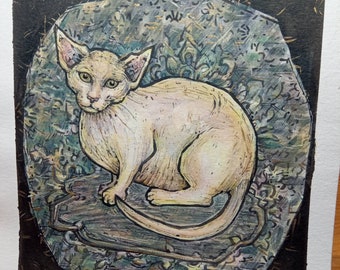 May include: A white cat with large ears sits on a patterned rug. The cat is facing the viewer and has a curious expression. The rug is a dark blue and green color with gold accents.