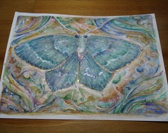 Original A5 Motten AquarellMalerei. Dekorative Insektenkunst. Bleistift, Aquarell und Metallic Aquarell auf Papier.