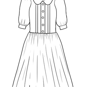 May include: A white dress with a peter pan collar, puffed sleeves, and a button-up front. The dress has a full skirt with pleats.