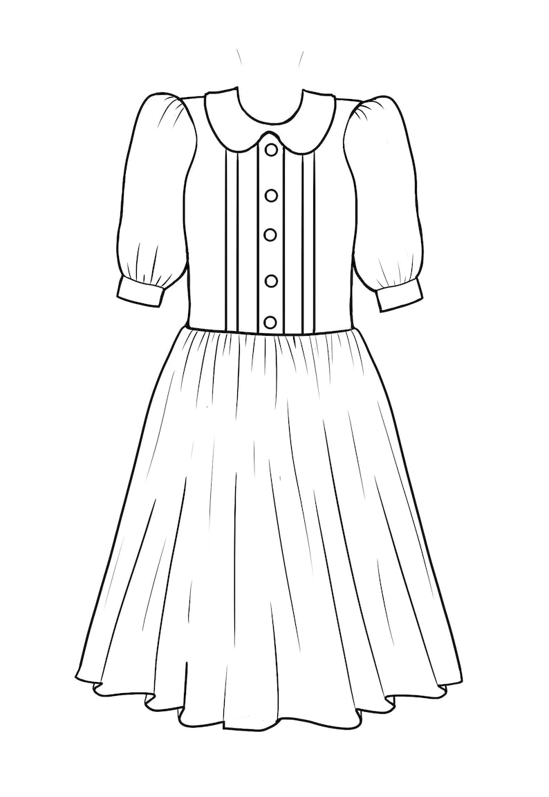 May include: A white dress with a peter pan collar, puffed sleeves, and a button-up front. The dress has a full skirt with pleats.