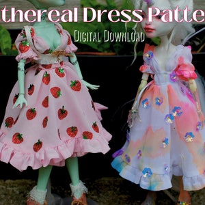Puede incluir: Dos muñecas con vestidos rosa y blanco con estampados florales y de fresas. Los vestidos tienen volantes y están decorados con lentejuelas. Las muñecas están de pie sobre un fondo oscuro. "Ethereal Dress Pattern" y "Digital Download" están escritos en rosa en la parte superior de la imagen.