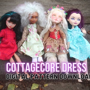 May include: Four dolls wearing cottagecore style dresses. The dolls are sitting on wooden steps. The text "Cottagecore Dress Digital Pattern Download" is at the bottom of the image.