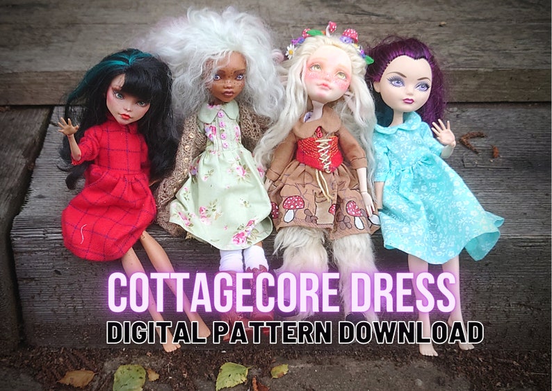 May include: Four dolls wearing cottagecore style dresses. The dolls are sitting on wooden steps. The text "Cottagecore Dress Digital Pattern Download" is at the bottom of the image.
