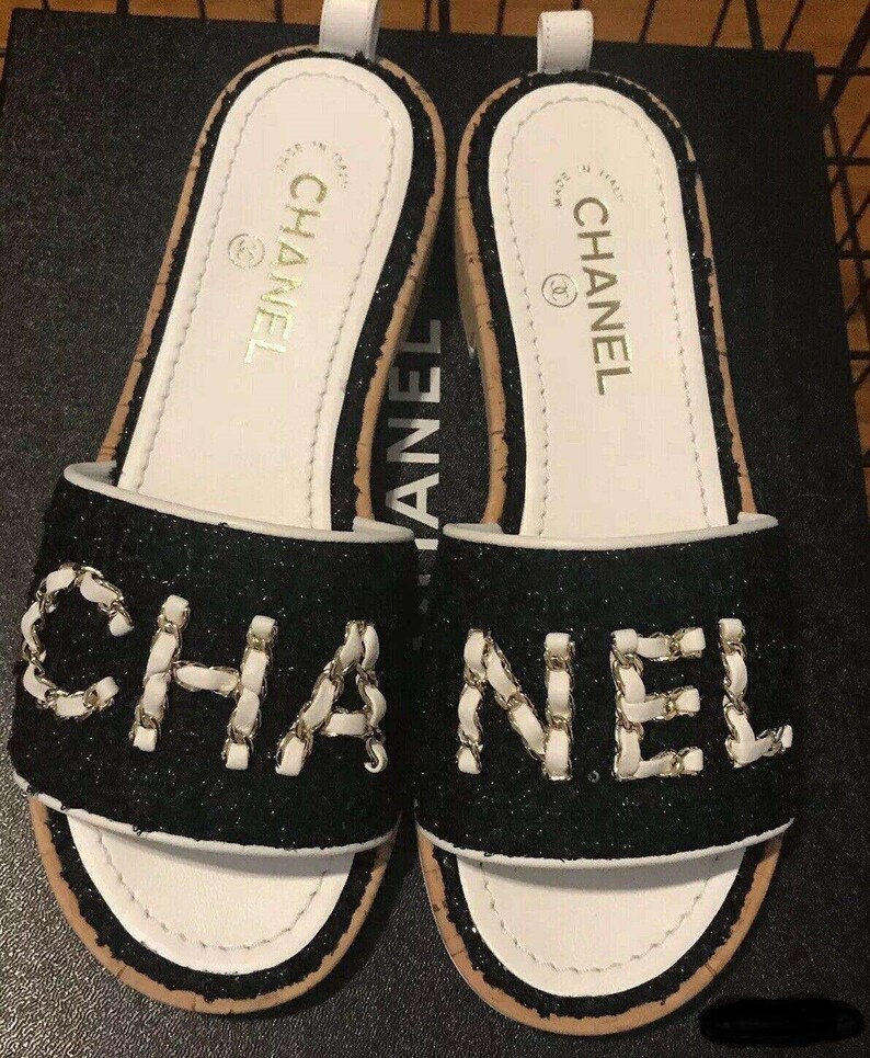 Sandals authentic Chanel womans black white leather slippers | Etsy