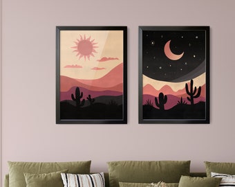 Sun and Moon Desert Landscape Art Prints. Boho wall decor, abstract sunset sunrise wall art, terracotta mountain art print