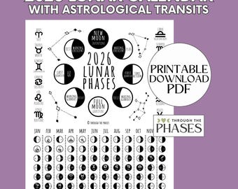 May include: A printable 2026 lunar calendar with astrological transits. The design features moon phases, zodiac symbols, and the text "2026 Lunar Calendar with Astrological Transits." The calendar is available as a PDF download.